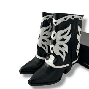 NEW INC Black & White Cowboy Booties Size 6 Western Boots Faux Leather Heeled